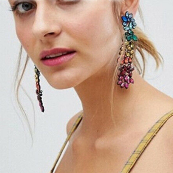 Rainbow Rhinestone Colorful Party Drop Earrings - Picture 2 of 8